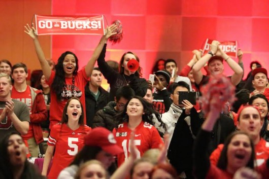 Ohio State fans celebrate the National Championship win at the official watch party in the Ohio Union Jan. 12. Credit: Yann Schreiber / Lantern reporter