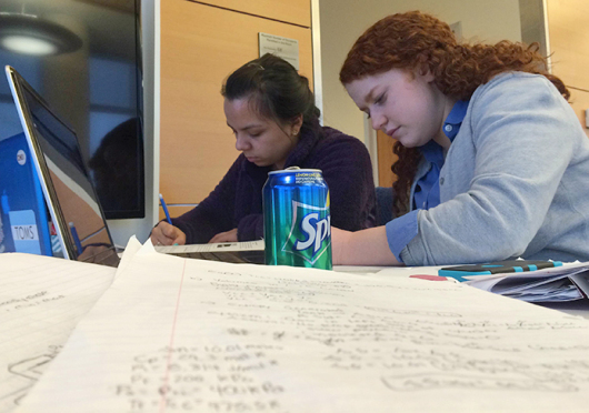 Lauren Kiren (left) and Angela Lawver, third-year chemical engineering students, do homework on Feb. 16 inside OSU's CBEC building. The building opened to students and faculty in January. Credit: Lee McClory / Design editor