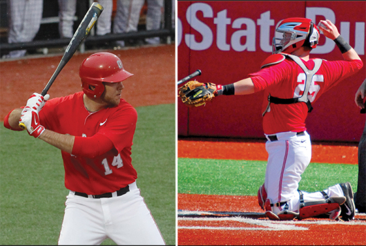 Senior catchers Connor Sabanosh (left) and Aaron Gretz (right) were named the Buckeyes’ team captains ahead of the 2015 season. OSU is set to begin its spring schedule against George Mason, St. Louis and Pittsburgh at the Snowbird Classic in Port Charlotte, Fla., from Feb. 13-15. Credit: (left) Lantern file photo  (right) Tim Moody / Sports editor