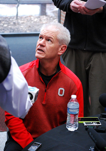 Cornerbacks coach and special teams coordinator Kerry Coombs speaks with the media on Feb. 4 at the Woody Hayes Athletic Center. Credit: Tim Moody / Sports editor