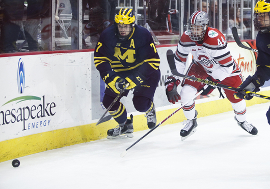 Junior forward Anthony Greco (44) chases the puck during a game against Michigan on Jan. 16 at the Schottenstein Center. OSU lost, 10-6.  Kelly Roderick / Lantern photographer