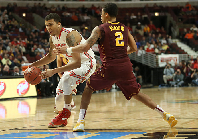 Sophomore forward Marc Loving (2) drives through the lane during a game against Minnesota on March 12 in Chicago. OSU won, 79-73. Credit: Mark Batke / Photo editor