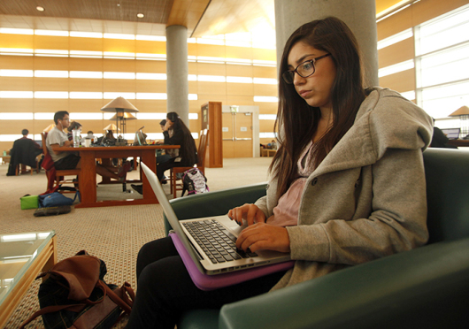 Aimme Ruiz works on an essay on the UC-Merced campus in Merced, Calif.  Credit: Courtesy of TNS 