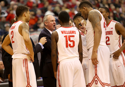 Coach Thad Matta speaks to players during a timeout of a game against Purdue on March 1 at the Schottenstein Center. OSU won, 65-61. Credit: Mark Batke / Photo editor
