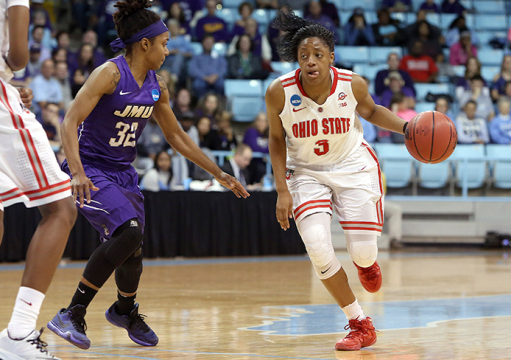 OSU freshman guard Kelsey Mitchell (3) dribbles past James Madison junior guard Angela Mickens (32) during a NCAA Tournament first-round game on March 21 in Chapel Hill, N.C.. OSU won, 90-80. Credit: Courtesy of OSU athletics