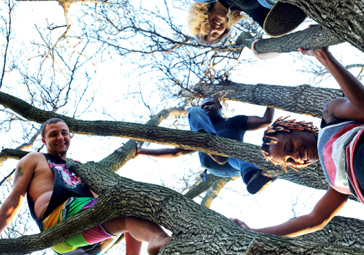 Tyler Richendollar (left), a first-year in nursing, Daija Rayford (right bottom), a second-year in food science, Ethin Lanier (center), a fourth-year in paramedics, and Rachel Cagle, a third-year in English, climb a tree on the oval. Richendollar and Rayford identified as gay. The four of them work together at Raising Cane's on N. High St. Credit: Jon McAllister / Asst. photo editor