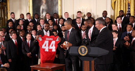 Members of the 2015 College Football Playoff National Champion Ohio State Buckeyes presented President Barack Obama with a No. 44 jersey on a visit to the White House on April 20. Credit: Courtesy of Kevin Fitzsimons