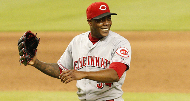 Cincinnati Reds pitcher Aroldis Chapman celebrates the final out in the 9th inning against the Miami Marlins at Marlins Park in Miami on July 31. The Reds won, 3-1. Credit: Courtesy of TNS