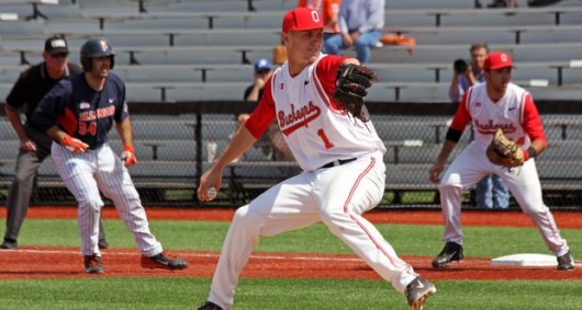 Sophomore right-handed pitcher Travis Lakins (1) delivers a pitch against Illinois on May 2, 2015. OSU lost, 6-5. Credit: Elliot Gilfix / For The Lantern