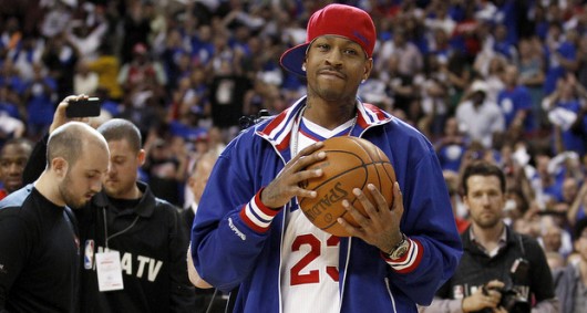 Former 76ers' Allen Iverson holds the game ball before Philadelphia played the Boston Celtics in Game 6 of the NBA Eastern Conference semifinals on Wednesday, May 23, 2012, at the Wells Fargo Center in Philadelphia, Pennsylvania. Credit: Courtesy of MCT