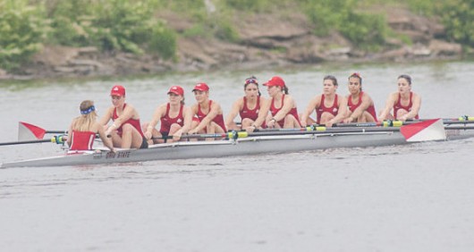 The Ohio State women's rowing team competes on May 30, 2015 at the NCAA qualifying round in Gold River, Calif. OSU won its third consecutive national championship the following day. Credit: Courtesy of OSU Athletics