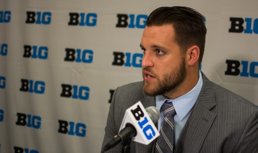 Senior left tackle Taylor Decker addressed the media on July 30 in Chicago during the 2015 Big Ten Media Days. Decker says he and his teammates are not worried with which quarterback starts for the Buckeyes. Credit: Kevin Stankiewicz / Asst. Sports Editor 