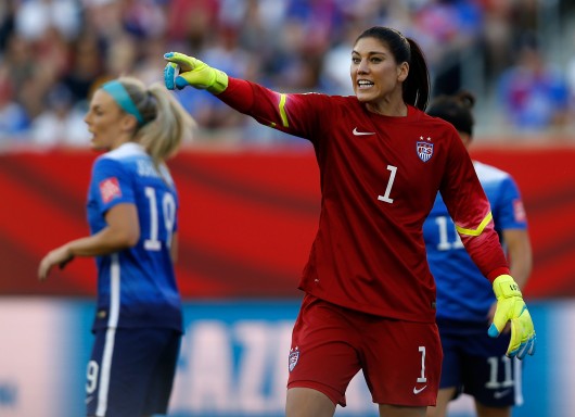 Hope Solo, goalkeeper of the United States, reacts during the World Cup Group D match against Sweden at Winnipeg Stadium in Winnipeg, Canada, on Friday, June 12, 2015. Credit: Courtesy of TNS.