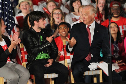 Actor Josh Hutcherson and Vice President Joe Biden joke at an Ohio State held "It's On Us" campaign on Sept 17 at Jesse Owens South Recreation Center.  Credit: Samantha Hollingshead / Photo Editor