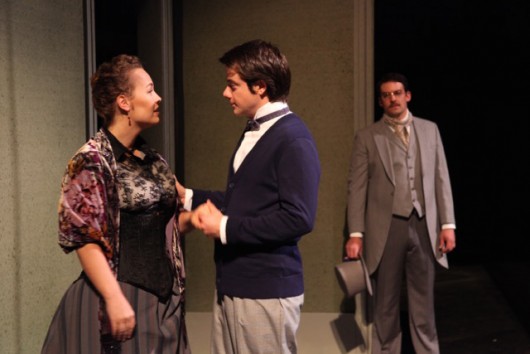 Ambre Shoneff as Catherine Stockmann, Zack Meyer as Dr. Thomas Stockmann and Blake Edwards as Peter Stockmann in a scene from The Ohio State University Department of Theatre’s production of An Enemy of the People. Credit: Courtesy of Matt Hazard