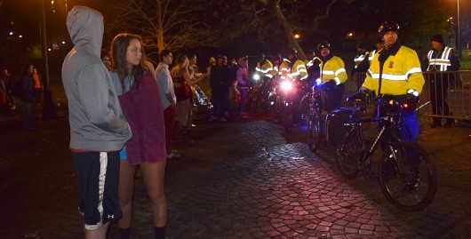 After a medical emergency during the 2015 Mirror Lake Jump, security officers block off access to Mirror Lake with bikes and metal barricades on Nov. 25. Credit: Lantern File Photo