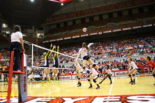 Members of the OSU women's volleyball team during a game against Michigan on Nov. 14 at St. John Arena. OSU lost 3-0. Credit: Giustino Bovenzi | Lantern Photographer