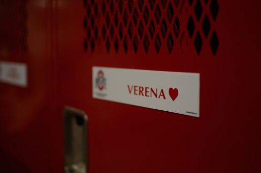 The name plate on Verena's locker inside the synchronized swimming team's locker room at the McCorkle Aquatic Pavilion. Credit: Kevin Stankiewicz | Assistant Sports Editor