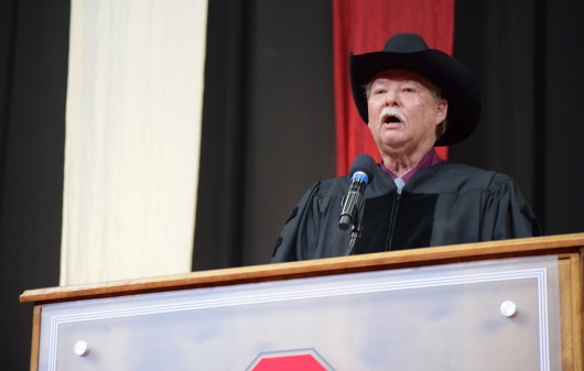 Frank Shankwitz, co-founder of the Make-A-Wish Foundation, gives his commencement address to graduating Ohio State students during Autumn Commencement 2015 on Dec. 20 in the Schottenstein Center. Credit: Robert Scarpinito | Copy Chief