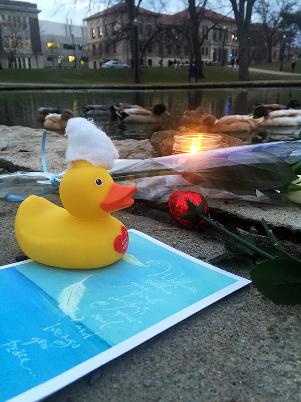 A small memorial is placed by mirror lake. Credit: Alex Drummer | Managing Editor