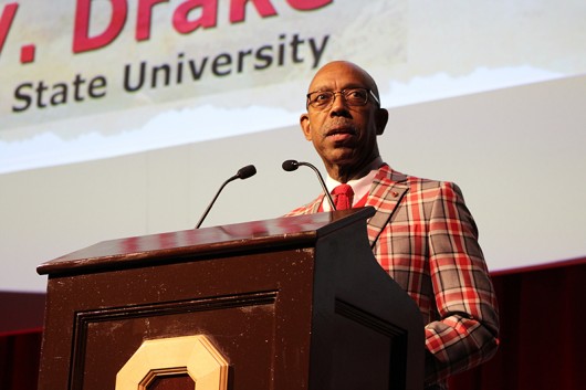 University President Michael Drake speaks at Brutus’ 50th birthday gala on Nov. 6 at the Ohio Union. Credit: Michael Huson | Campus Editor