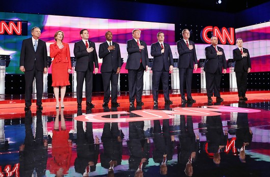 GOP presidential candidates take the stage during the CNN Republican presidential debate in  Las Vegas, Nevada on Dec 15. Credit: Courtesy of TNS 