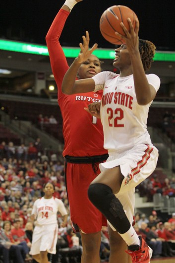 OSU sophomore forward Alexa Hart (22) attempts a shot during a game against Rutgers on Jan. 10 at the Schottenstein Center. Credit: Samantha Hollingshead | Photo Editor 