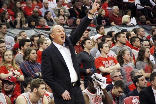 OSU coach Thad Matta yells out a play from the sidelines during a game against Michigan on Feb. 16 at the Schottenstein Center. Credit: William Kosileski | Lantern Photographer