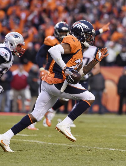 Former Buckeye and Broncos cornerback Bradley Roby (29) sprints out of the end zone after an interception in the AFC Championship Game on Jan. 24 in Denver. Credit: Courtesy of TNS