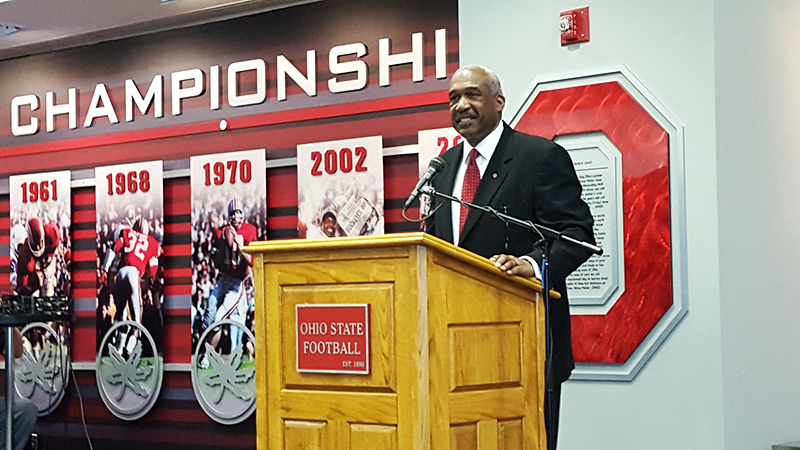 Ohio State Vice President and Director of Athletics Gene Smith announces a $42-million renovation project to Ohio Stadium during a press conference at the Ohio Stadium Recruit Room on March 29. Credit Michael Huson | Campus Editor