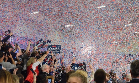 Supporters of Ohio Gov. John Kasich celebrate his victory in the Ohio Republican primary as confetti is released into the air at an election watch party at Baldwin Wallace University in Berea, Ohio. Credit: Kevin Stankiewicz | Asst. Sports Editor 