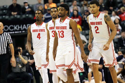 OSU players during a game against Penn State in the Big Ten tournament on March 10 in Indianapolis. Credit: Samantha Hollingshead | Photo Editor