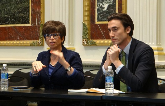 Valerie Jarrett and Kyle Lierman discuss sexual assault on college campuses with collegiate reporters in the White House's Indian Treaty Room on April 28.