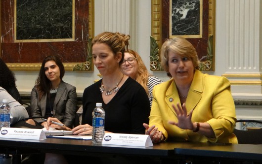 Paulette Aniskoff and Wendy Spencer field questions about civic engagement at the White House's Indian Treaty Room on April 28.