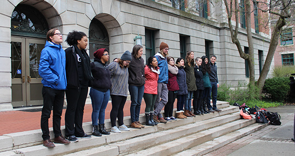 Students stand outside Bricker Hall after delivering a statement on April 6 regarding their treatment during the #ReclaimOSU sit-in the previous day. Credit: Hannah Herner | Assistant Arts&Life Editor