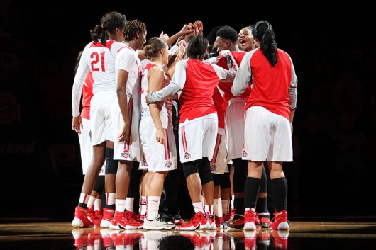 The OSU women's basketball team before a game against Rutgers on Jan. 10 at the Schottenstein Center. Credit: Samantha Hollingshead | Photo Editor