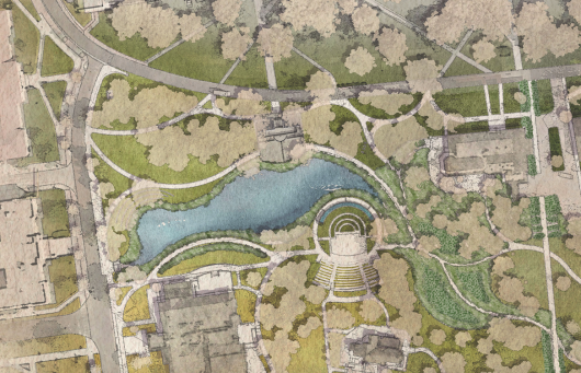 An artistic rendering of what Mirror Lake and the surrounding area might look like once construction is completed. Credit: Courtesy of Ohio State