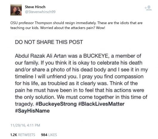 A screenshot of a tweet condemning an OSU employees post about the campus attack on Nov. 28. Credit: Screenshot by Mitch Hooper | Engagement Editor